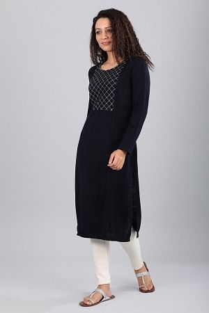 Blue Round Neck Yarn-dyed kurta