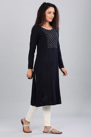 Blue Round Neck Yarn-dyed kurta