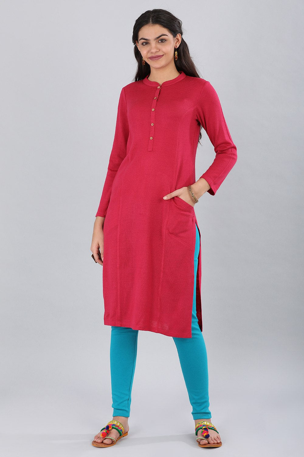 Pink Band Collar Winter kurta