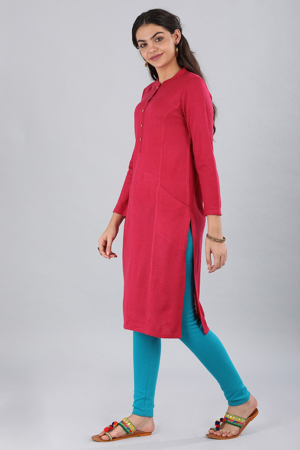 Pink Band Collar Winter kurta