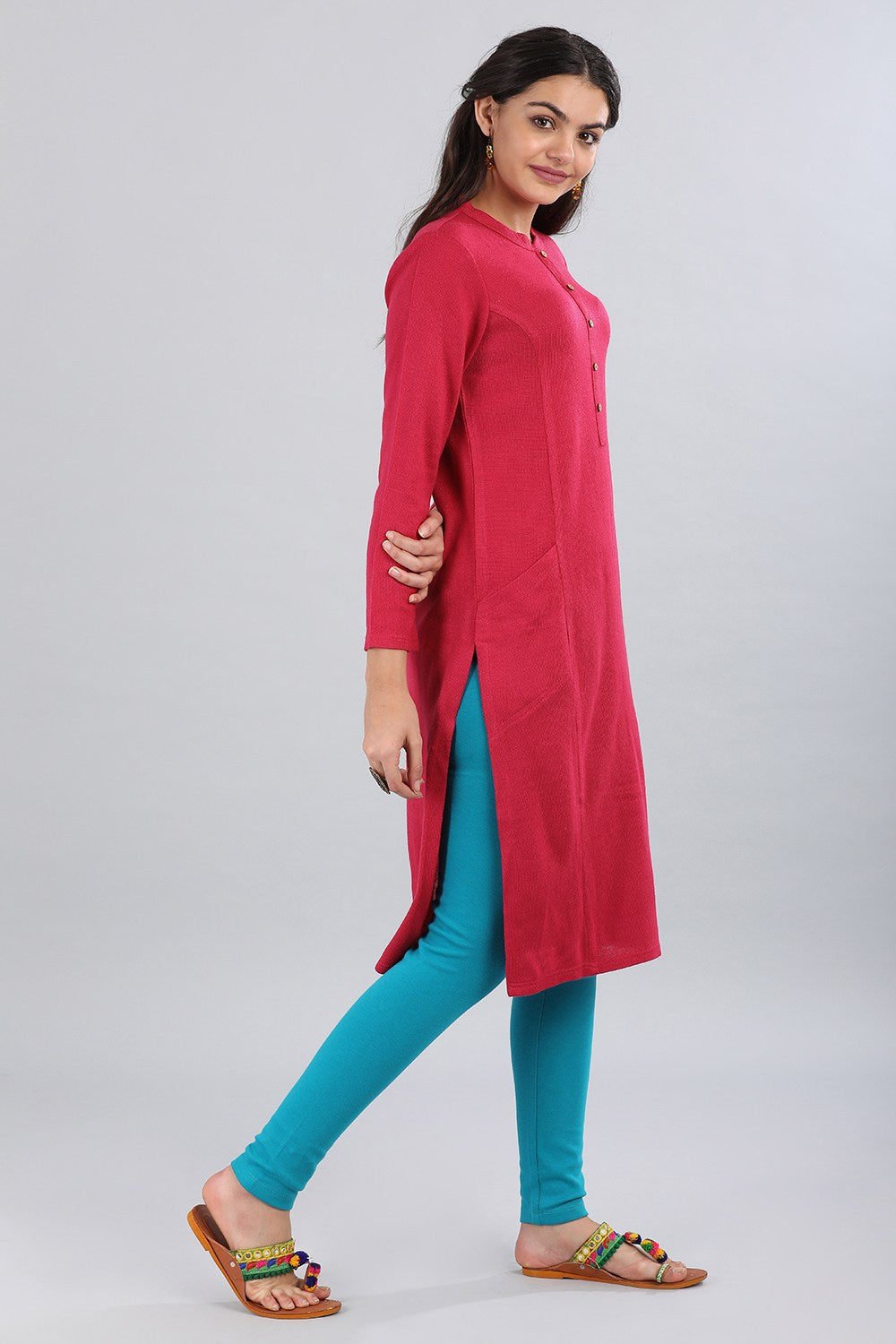 Pink Band Collar Winter kurta