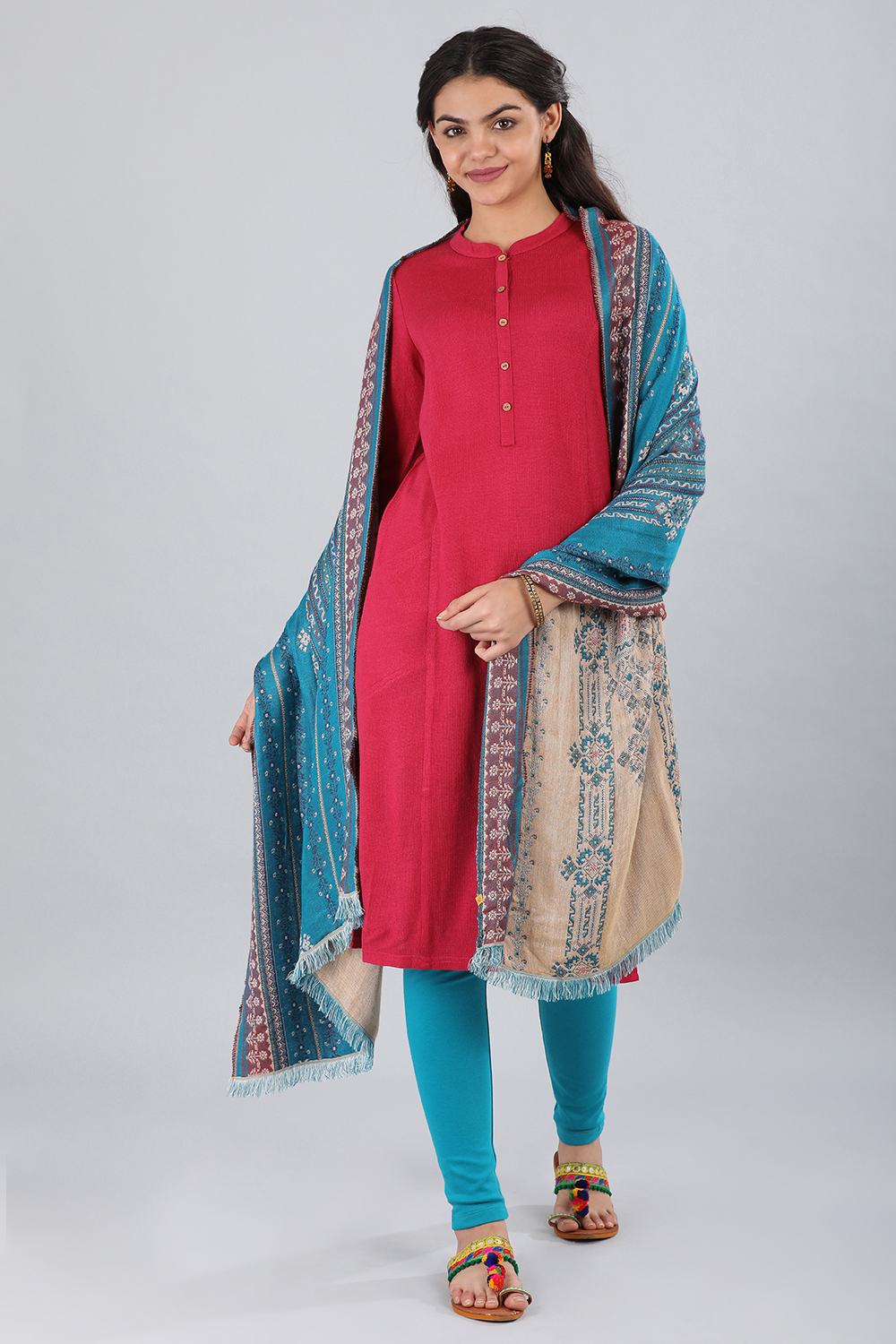 Pink Band Collar Winter kurta