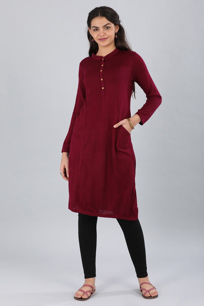 Maroon Mandarin Neck Yarn-dyed Winter kurta