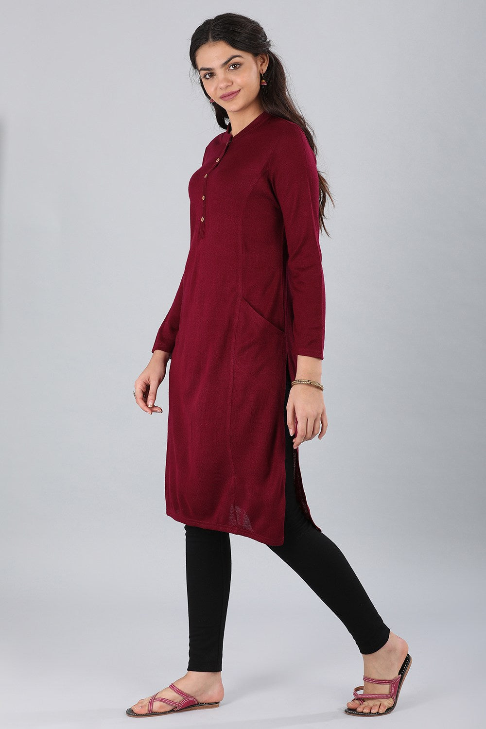 Maroon Mandarin Neck Yarn-dyed Winter kurta