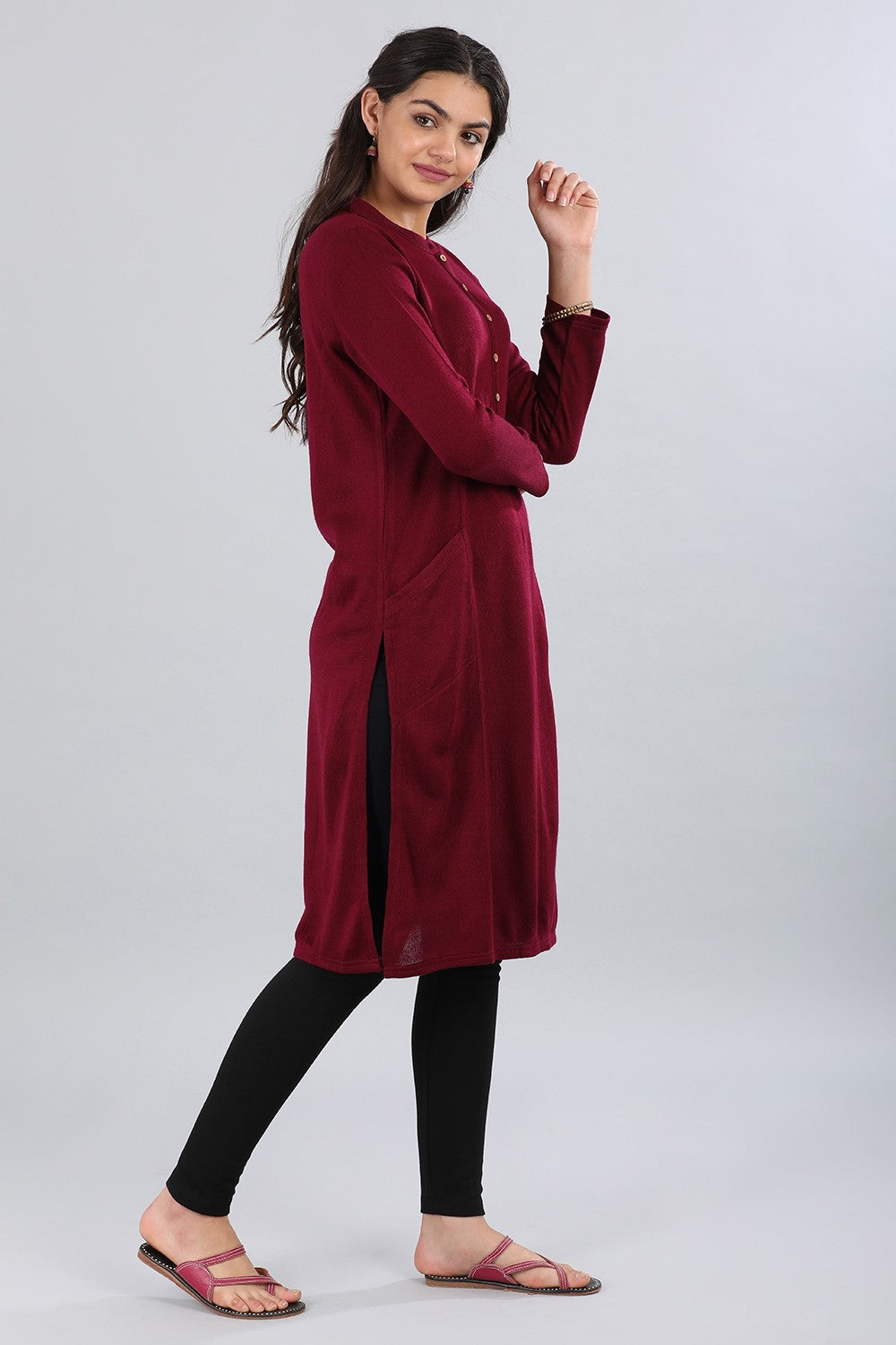 Maroon Mandarin Neck Yarn-dyed Winter kurta