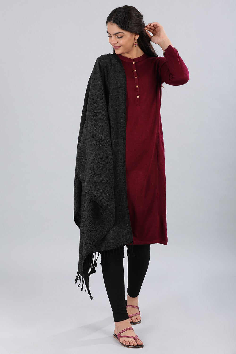 Maroon Mandarin Neck Yarn-dyed Winter kurta