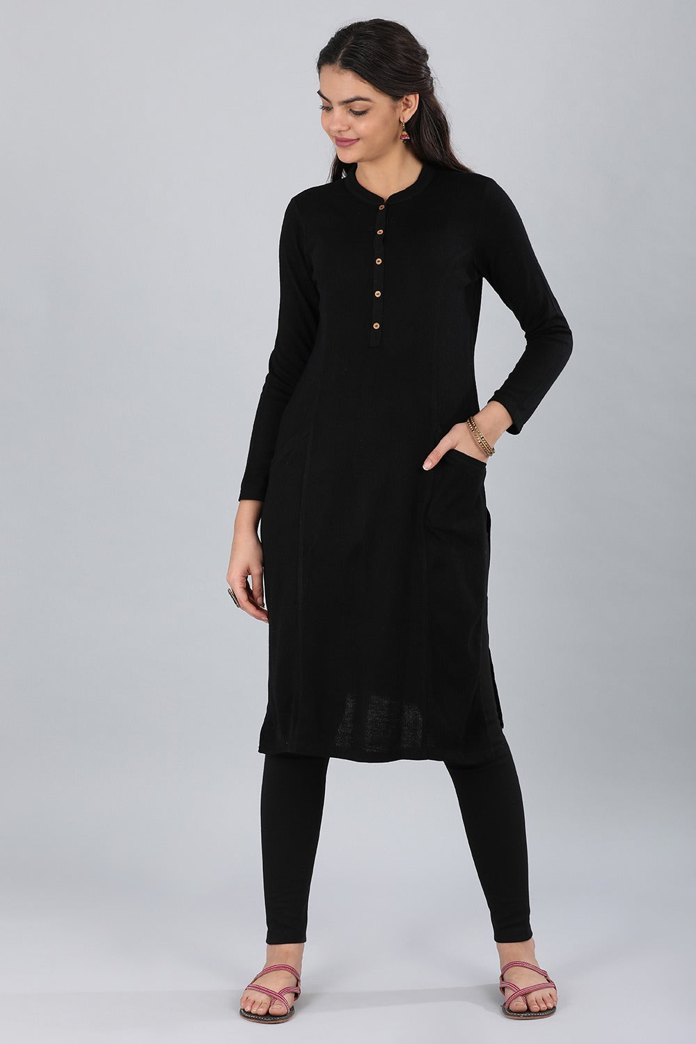 Black Mandarin Neck Yarn-dyed Winter kurta