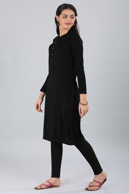 Black Mandarin Neck Yarn-dyed Winter kurta