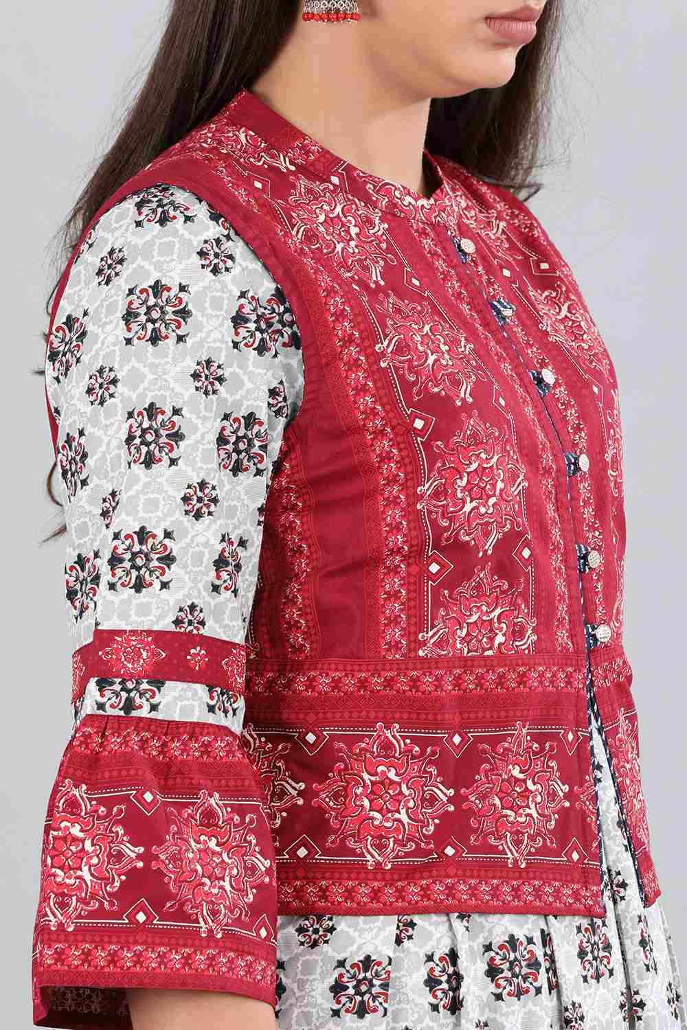 Red Mandarin Neck Printed Gillet