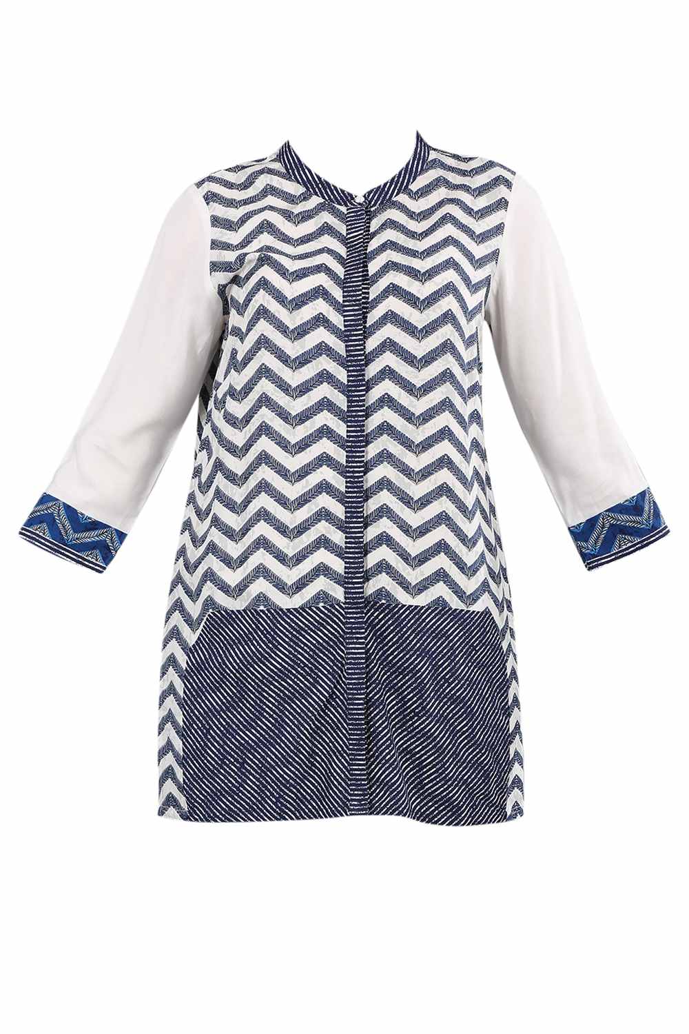 Blue Mandarin Neck Printed Gillet