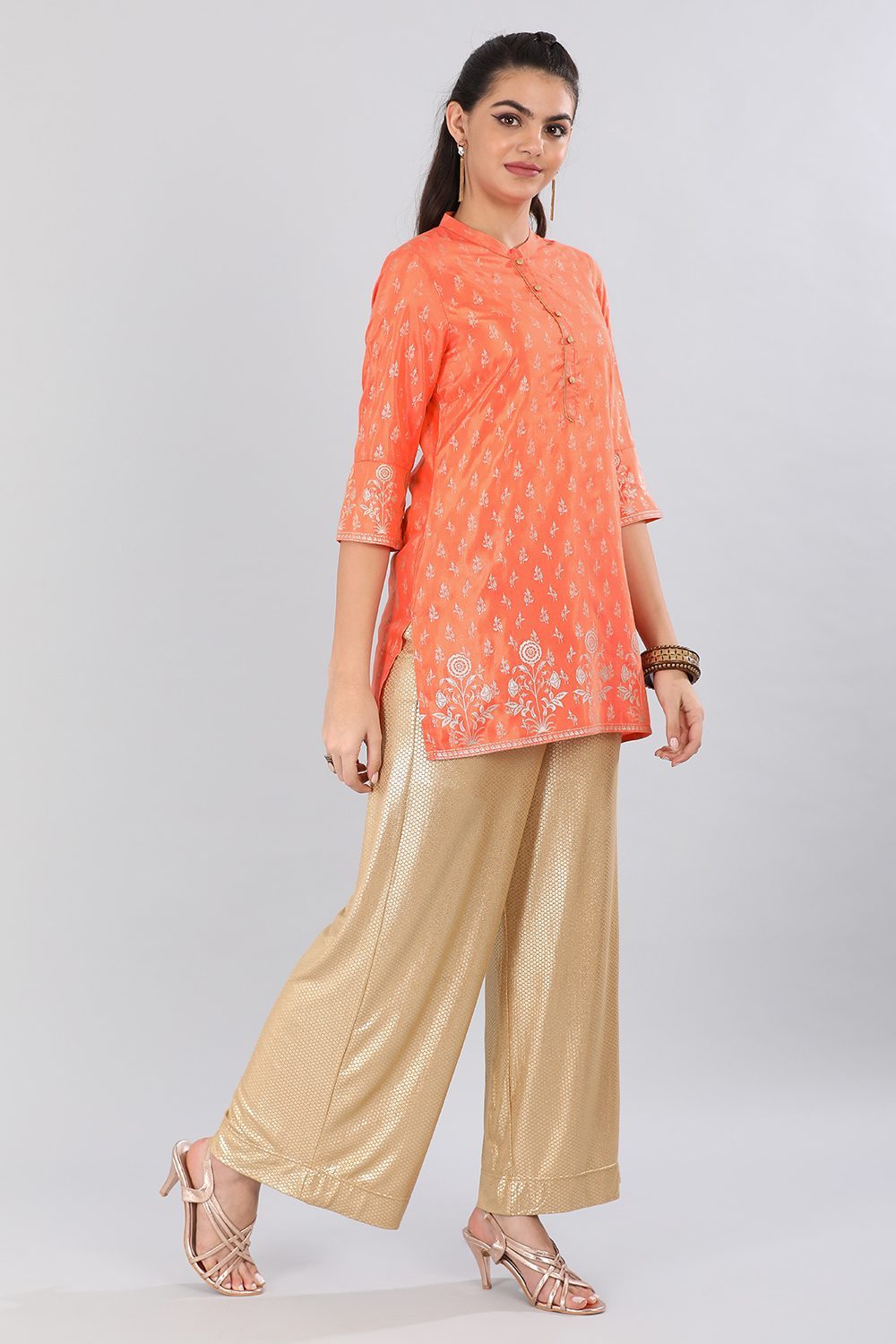 Orange Mandarin Neck Printed kurta