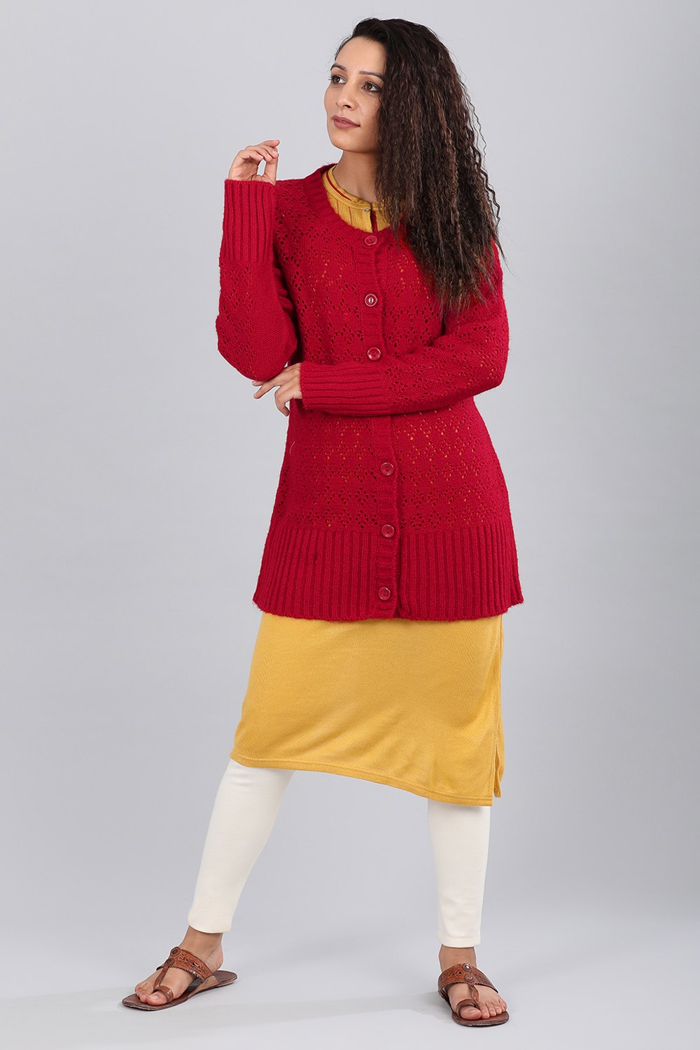 Red Round Neck Solid Sweater