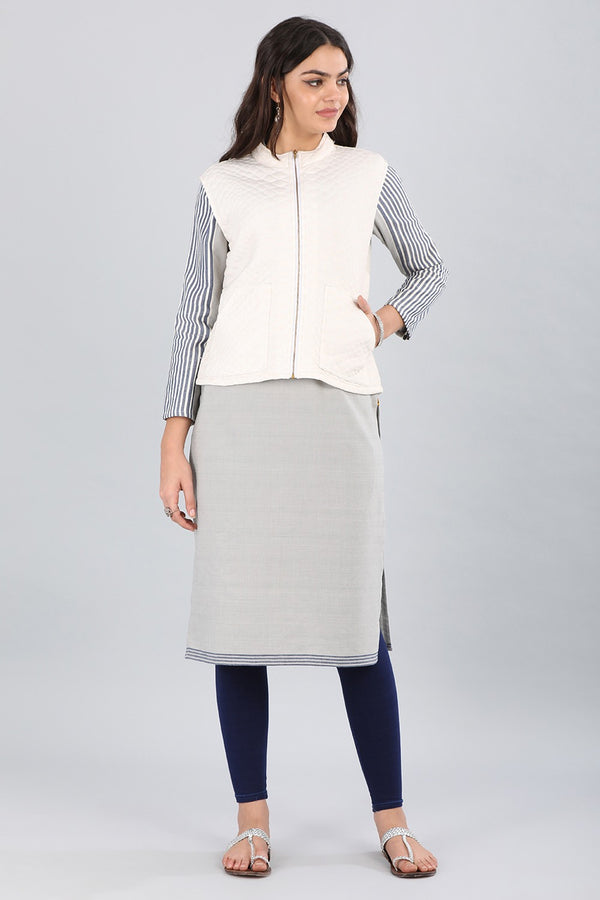 White Mandarin Neck Yarn-dyed Jacket