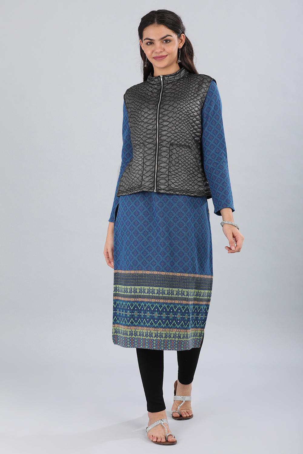 Black Mandarin Neck Yarn-dyed Jacket - XS