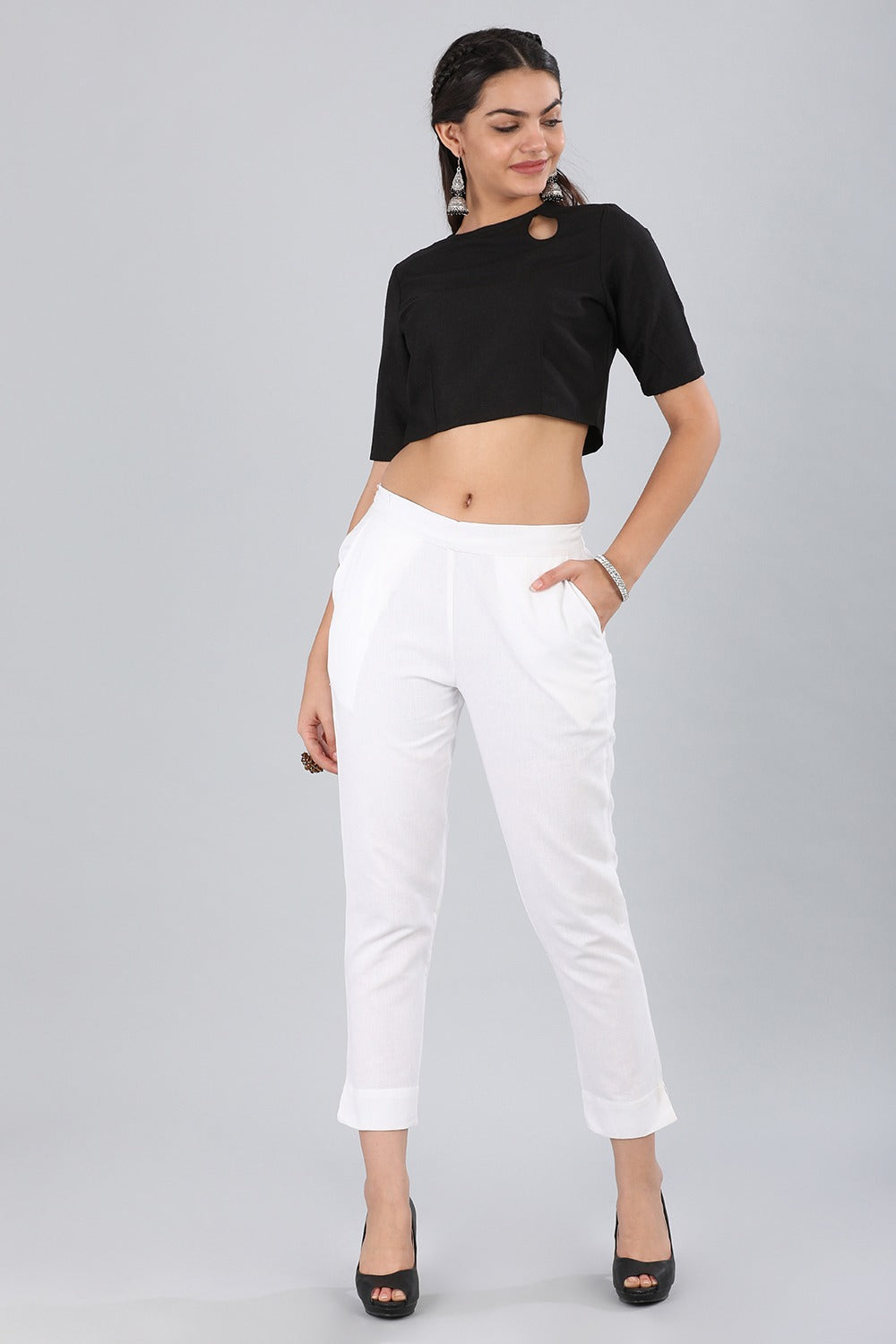 White Solid Trousers