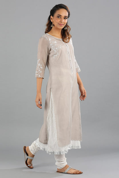 Grey Embroidered Round Neck Layered kurta Set