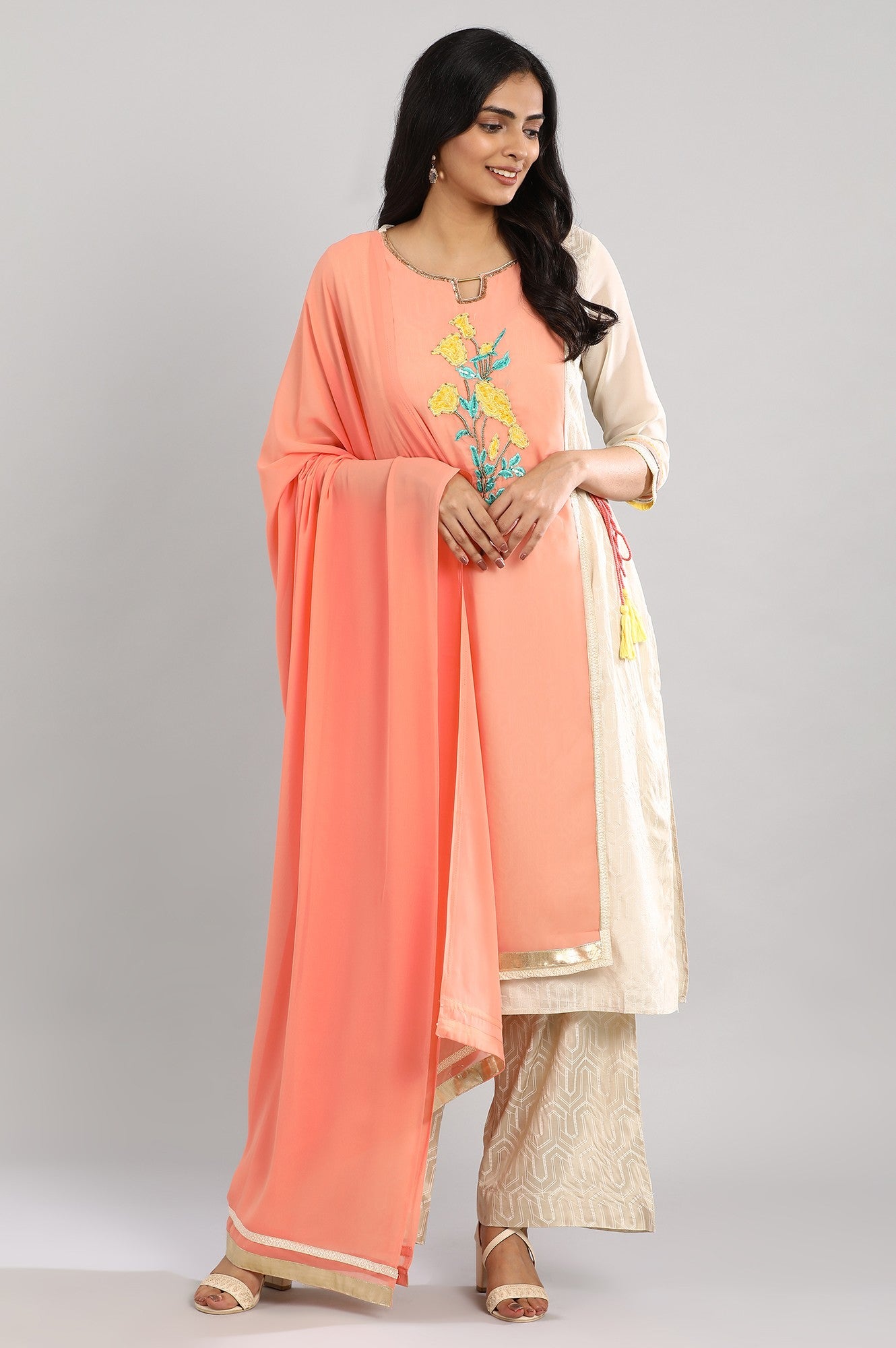 Peach Printed kurta with Palazzos and Dupatta