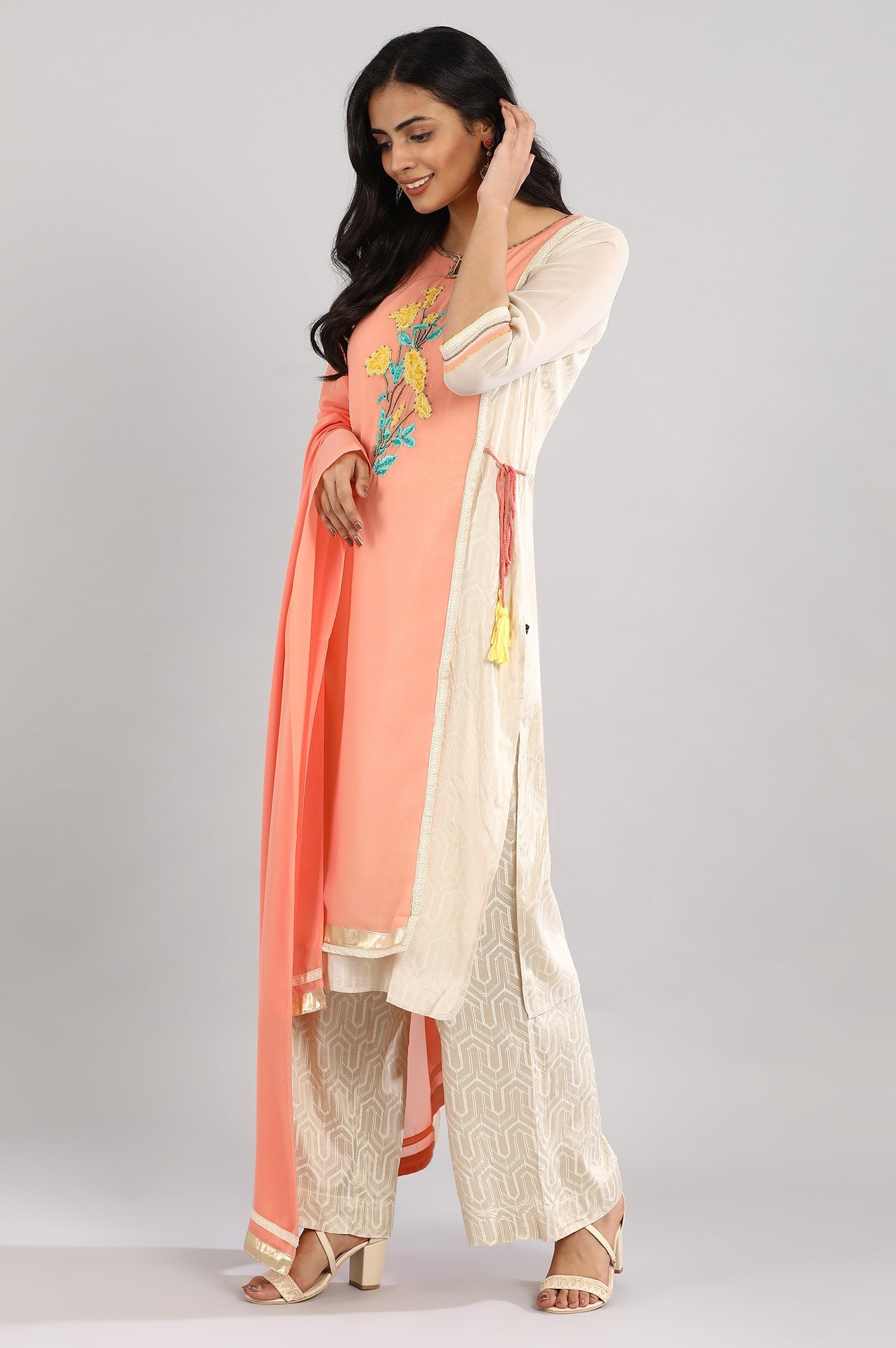 Peach Printed kurta with Palazzos and Dupatta