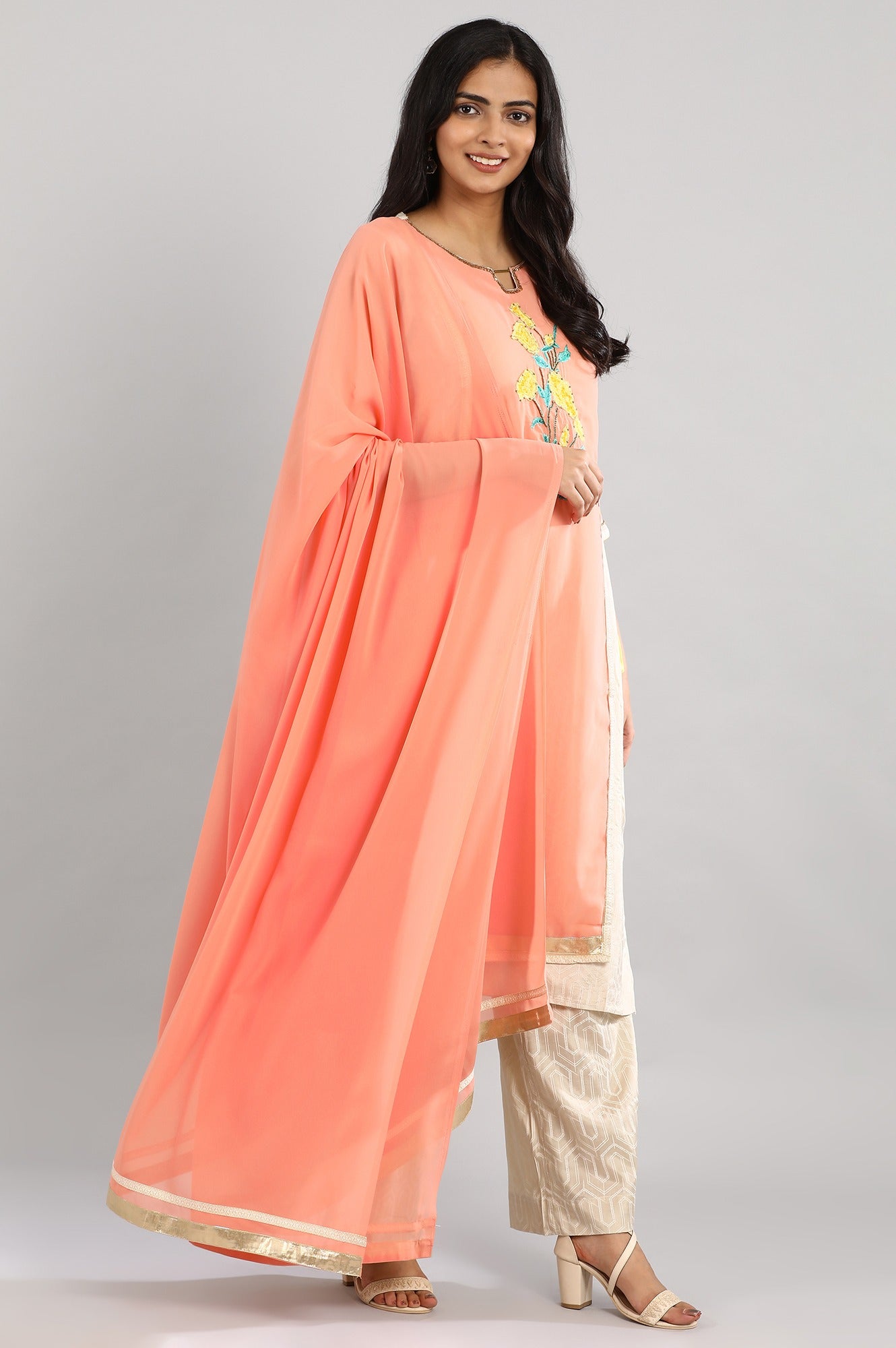 Peach Printed kurta with Palazzos and Dupatta