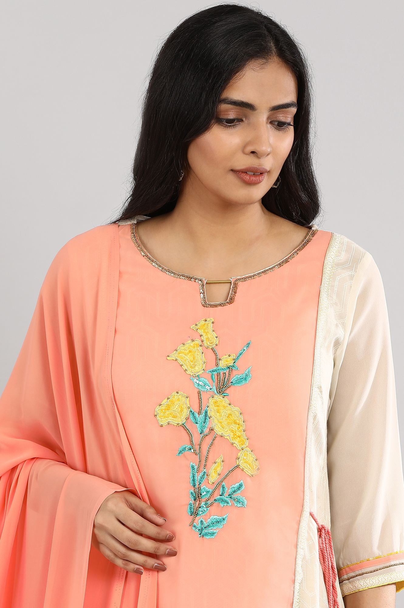 Peach Printed kurta with Palazzos and Dupatta