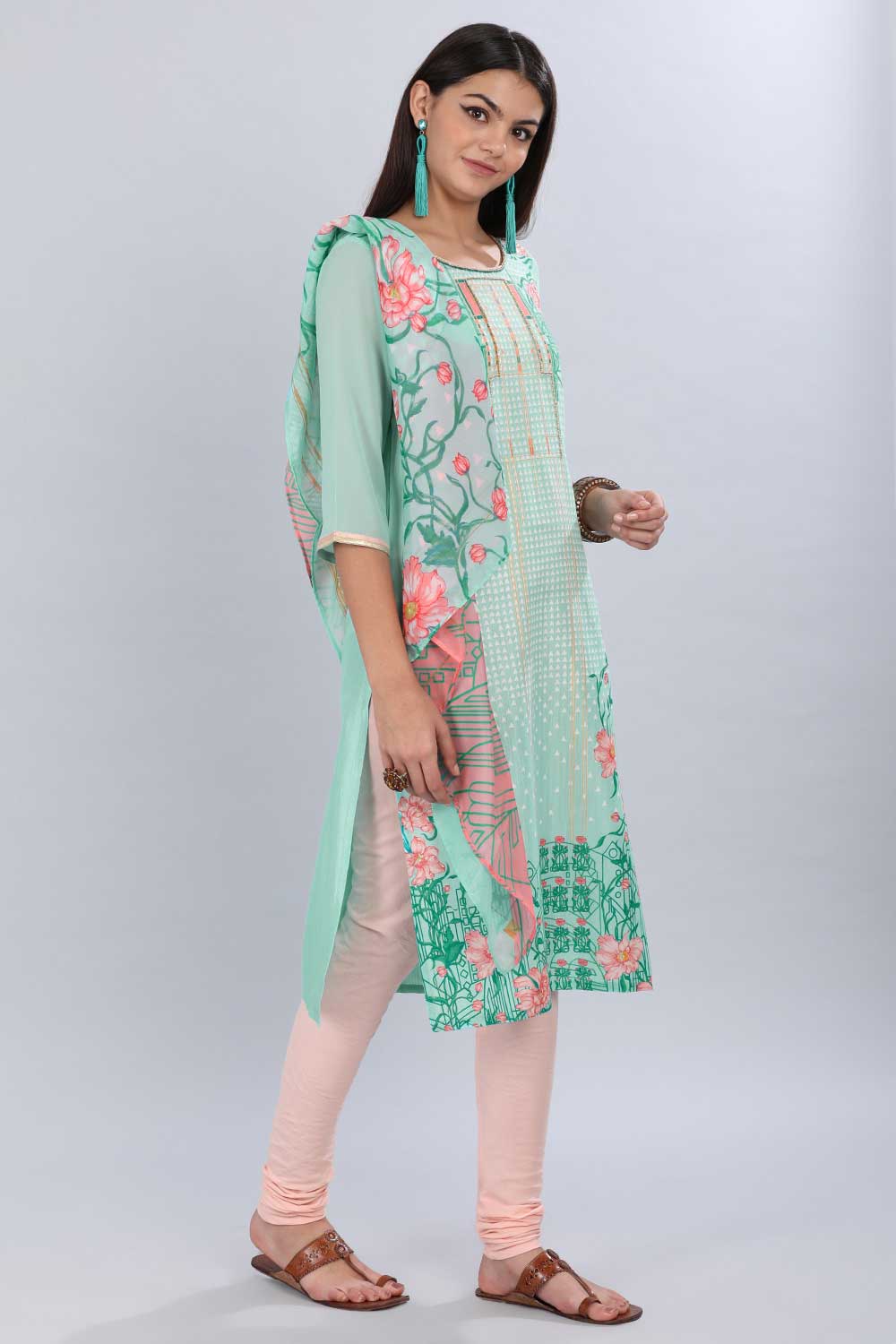 Blue Round Neck Printed kurta Set