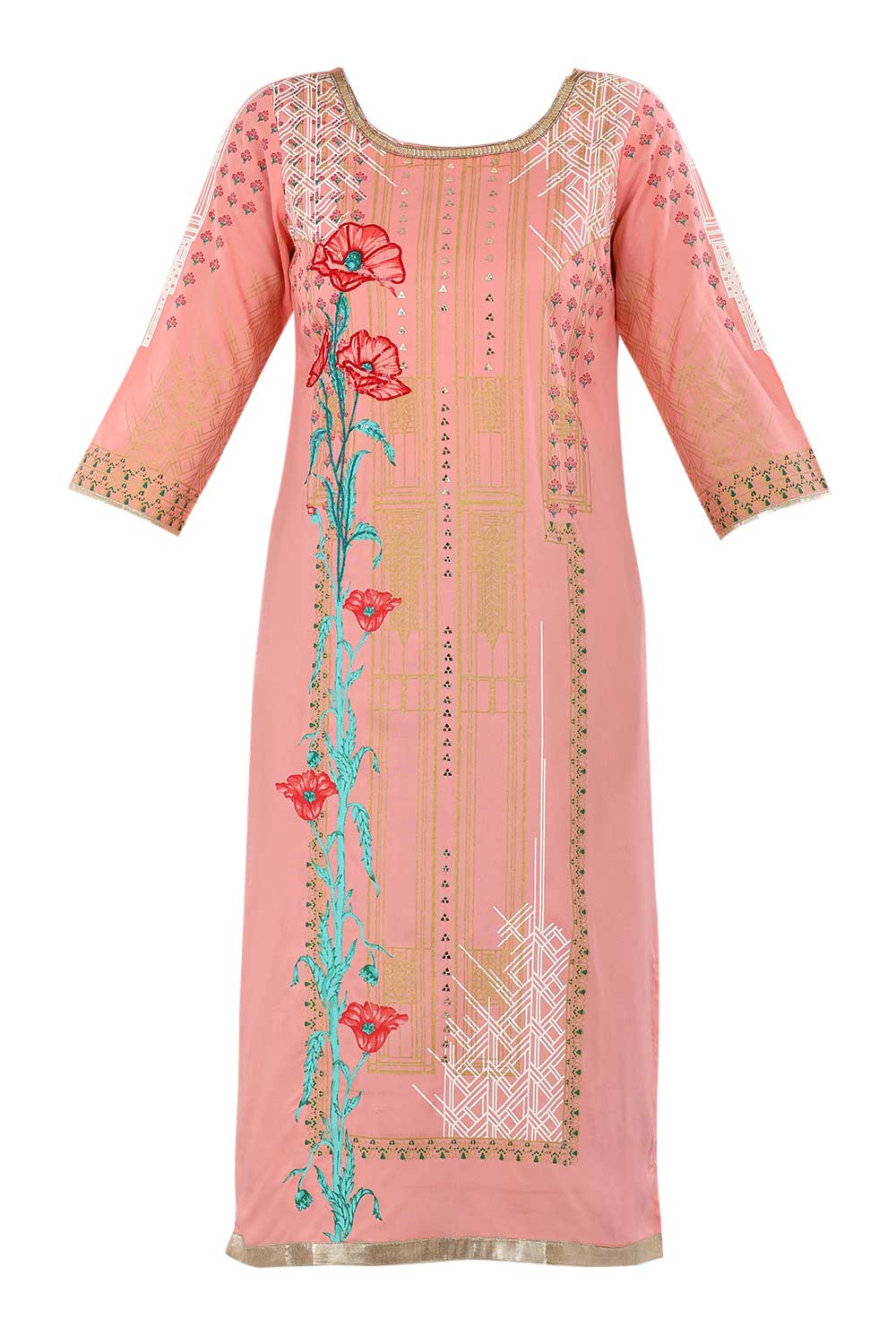 Pink Printed Round Neck kurta Set