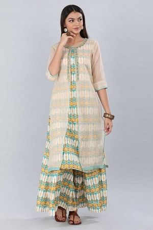 Cream Round Neck Printed kurta Set