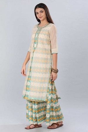 Cream Round Neck Printed kurta Set