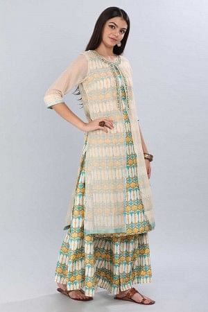 Cream Round Neck Printed kurta Set