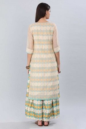 Cream Round Neck Printed kurta Set