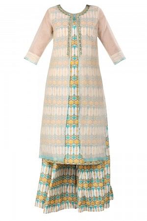 Cream Round Neck Printed kurta Set