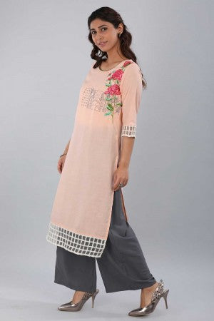 Pink Mandarin Neck 3/4 Sleeve Printed kurta