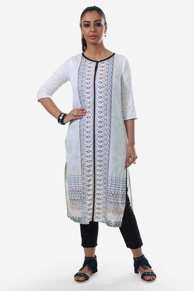 Cream & Blue Printed Round Neck kurta