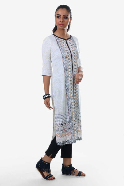 Cream & Blue Printed Round Neck kurta