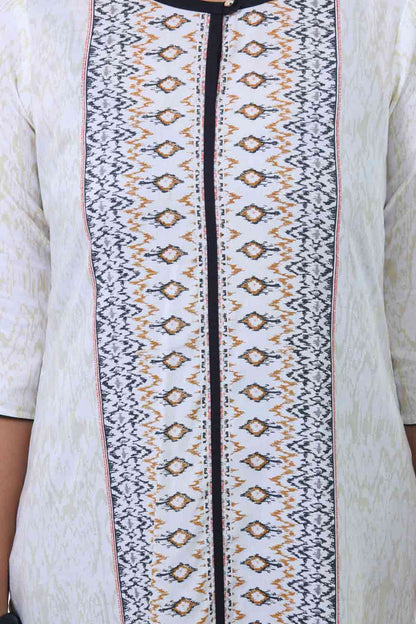 Cream &amp; Blue Printed Round Neck kurta