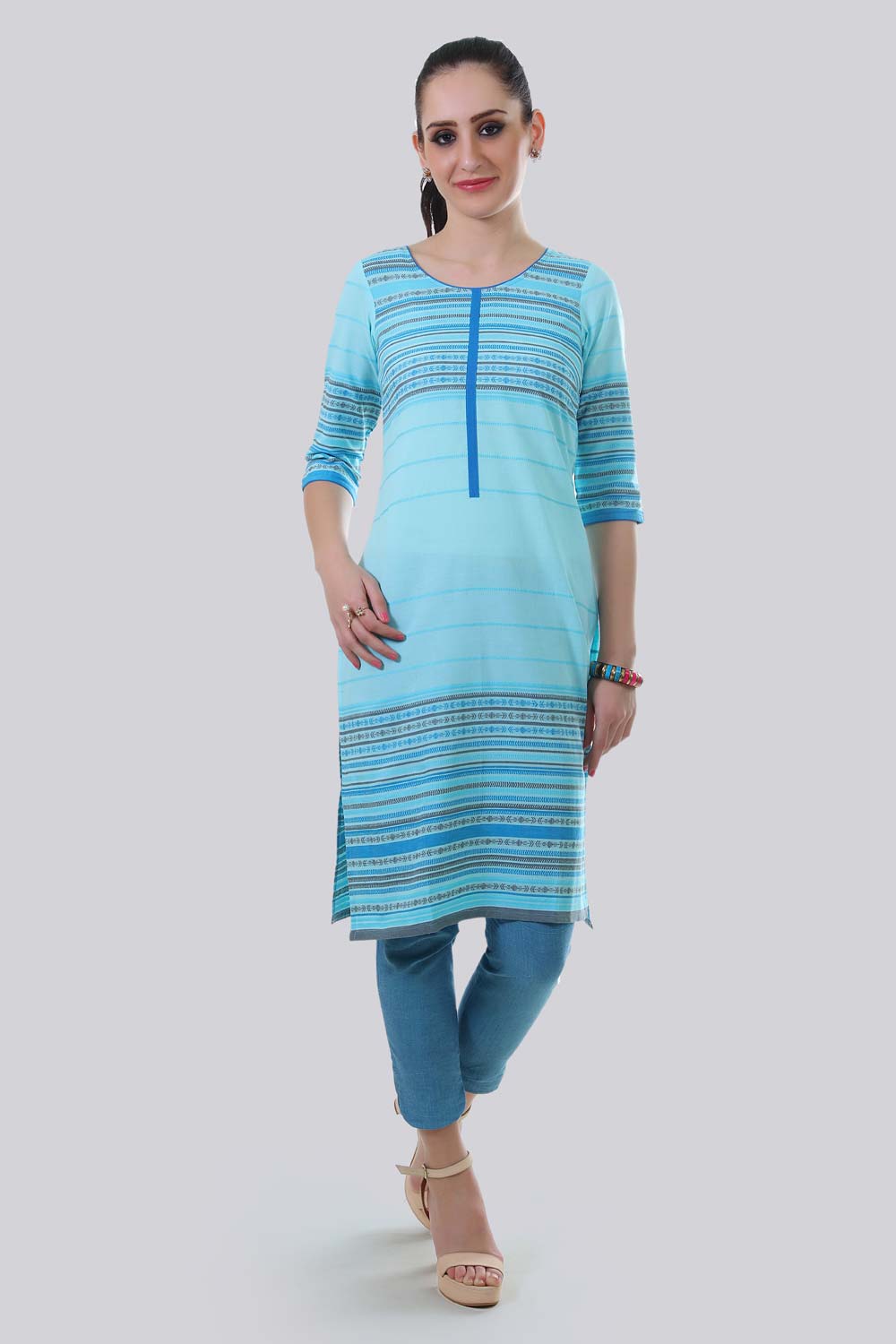 Blue Round Neck Printed kurta