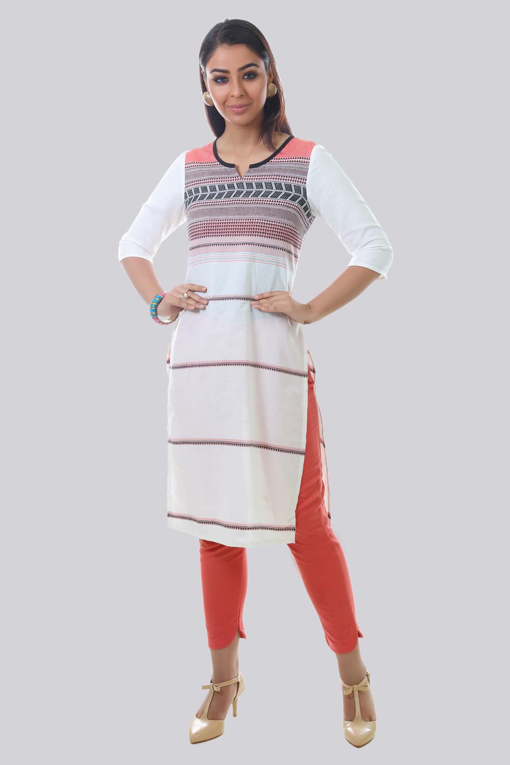 White Round Neck Printed kurta