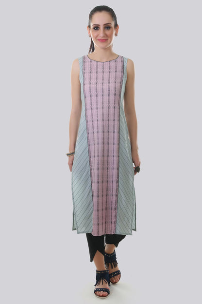 Pink &amp; Grey Round Neck Printed kurta