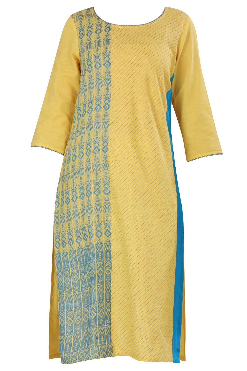 Yellow &amp; Blue Round Neck kurta