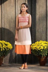 Cream &amp; Pink Round Neck Printed kurta