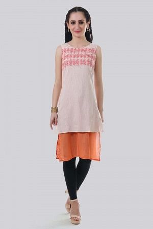 Cream &amp; Pink Round Neck Printed kurta