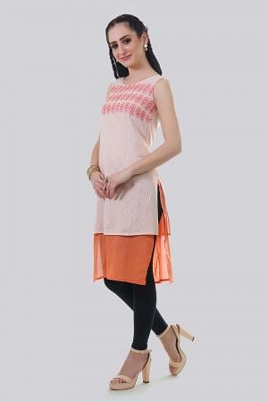 Cream &amp; Pink Round Neck Printed kurta