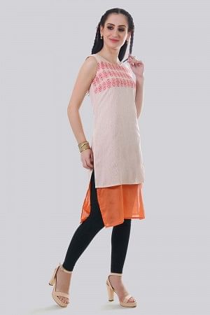 Cream &amp; Pink Round Neck Printed kurta