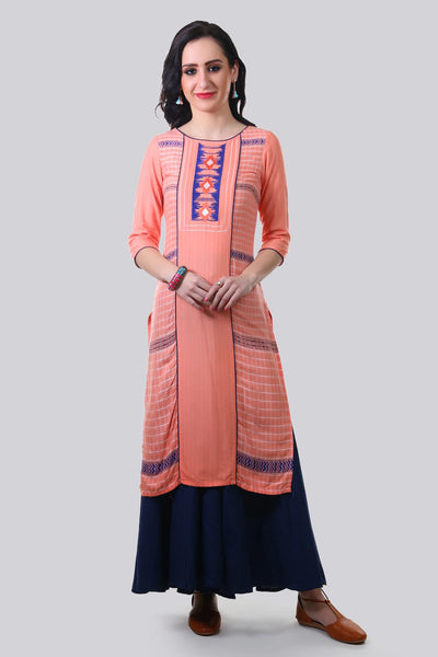Pink Round Neck Printed kurta