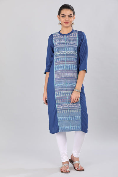 Blue Mandarin Neck Printed kurta