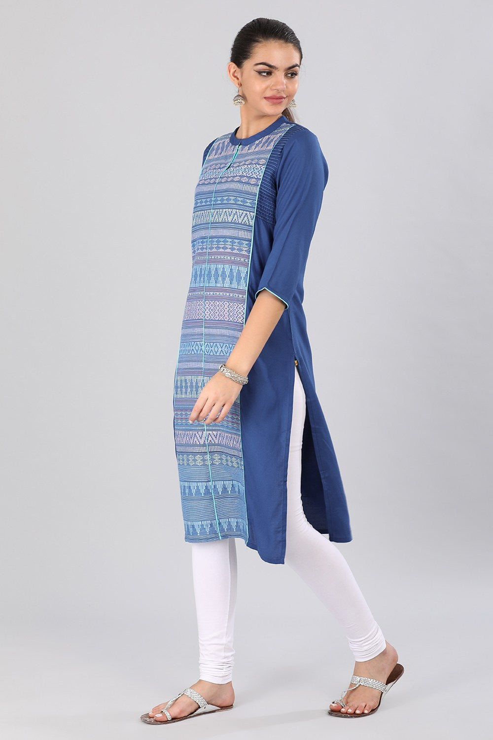 Blue Mandarin Neck Printed kurta