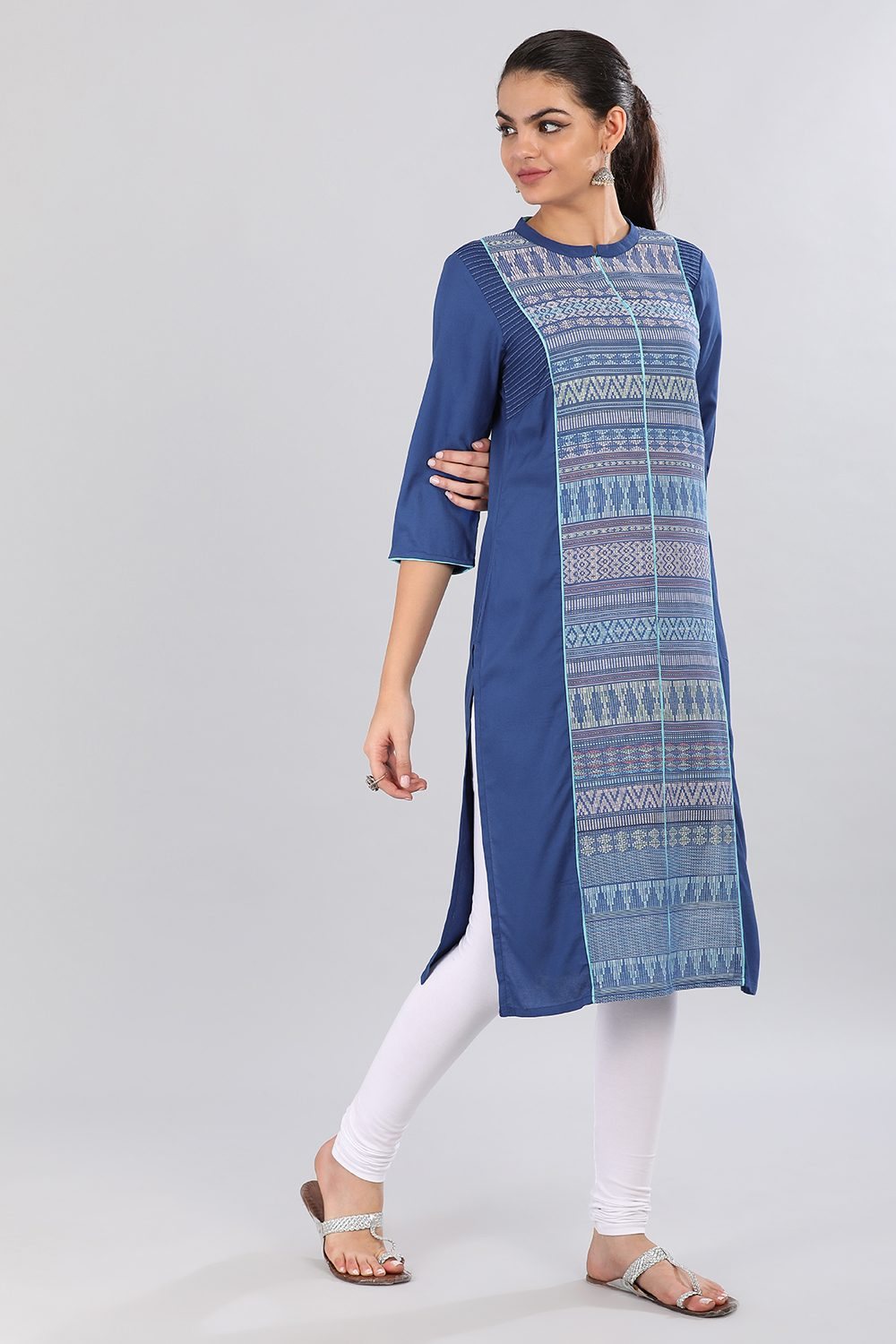 Blue Mandarin Neck Printed kurta