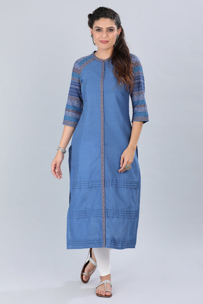 Blue Mandarin Neck Printed kurta