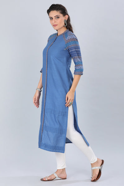 Blue Mandarin Neck Printed kurta