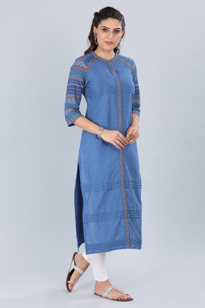 Blue Mandarin Neck Printed kurta